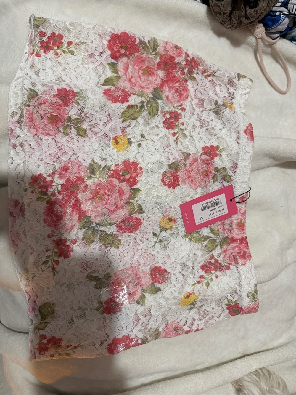 Edikted White Lace Mini Skirt with Pink Floral Print